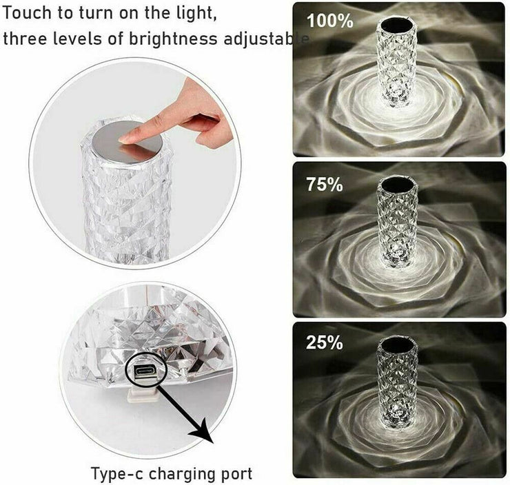 LED Crystal Table Lamp Diamond Rose Night Light Touch Atmosphere &Remote Control